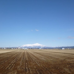 雲一つ無いくらいの青空と鳥海山のコントラスト